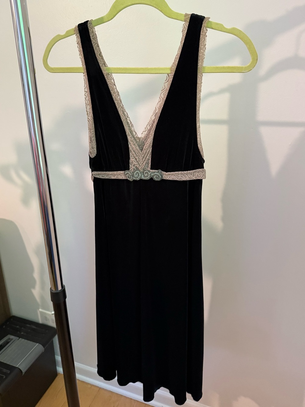 Free People Black Velvet Deep V, knee-length Dress with Lace Trim